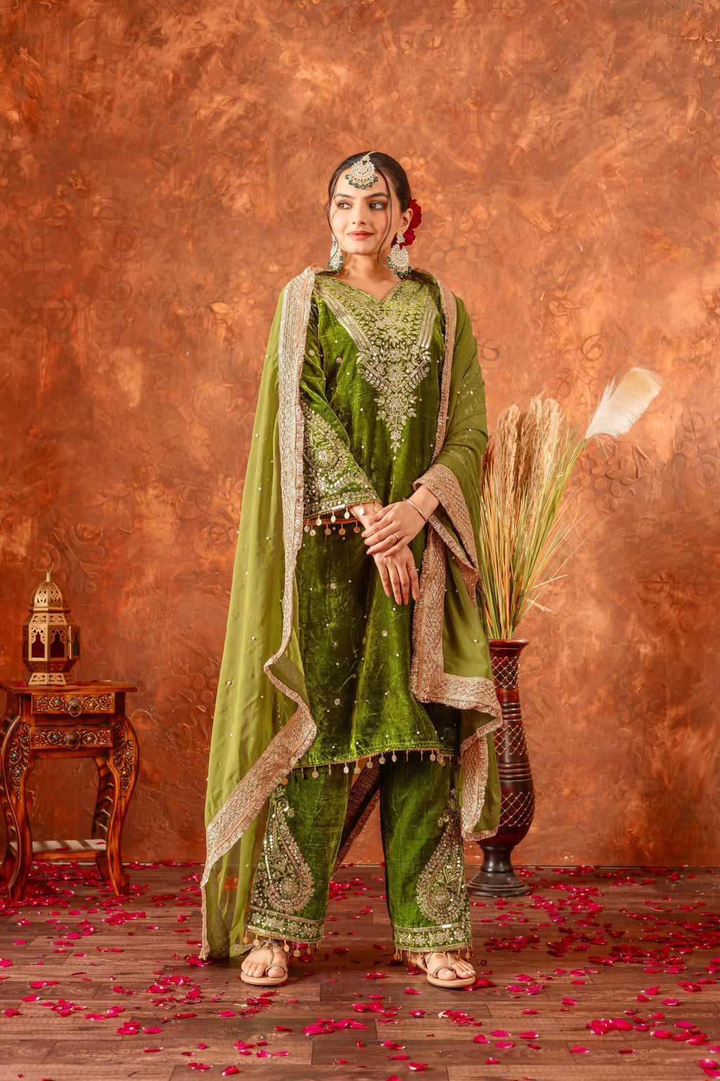 Teeya Creation Green Color Velvet Silk Embroidery Work Party Wear Suit | Grocsy