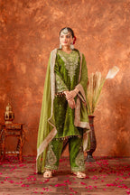 Teeya Creation Green Color Velvet Silk Embroidery Work Party Wear Suit | Grocsy