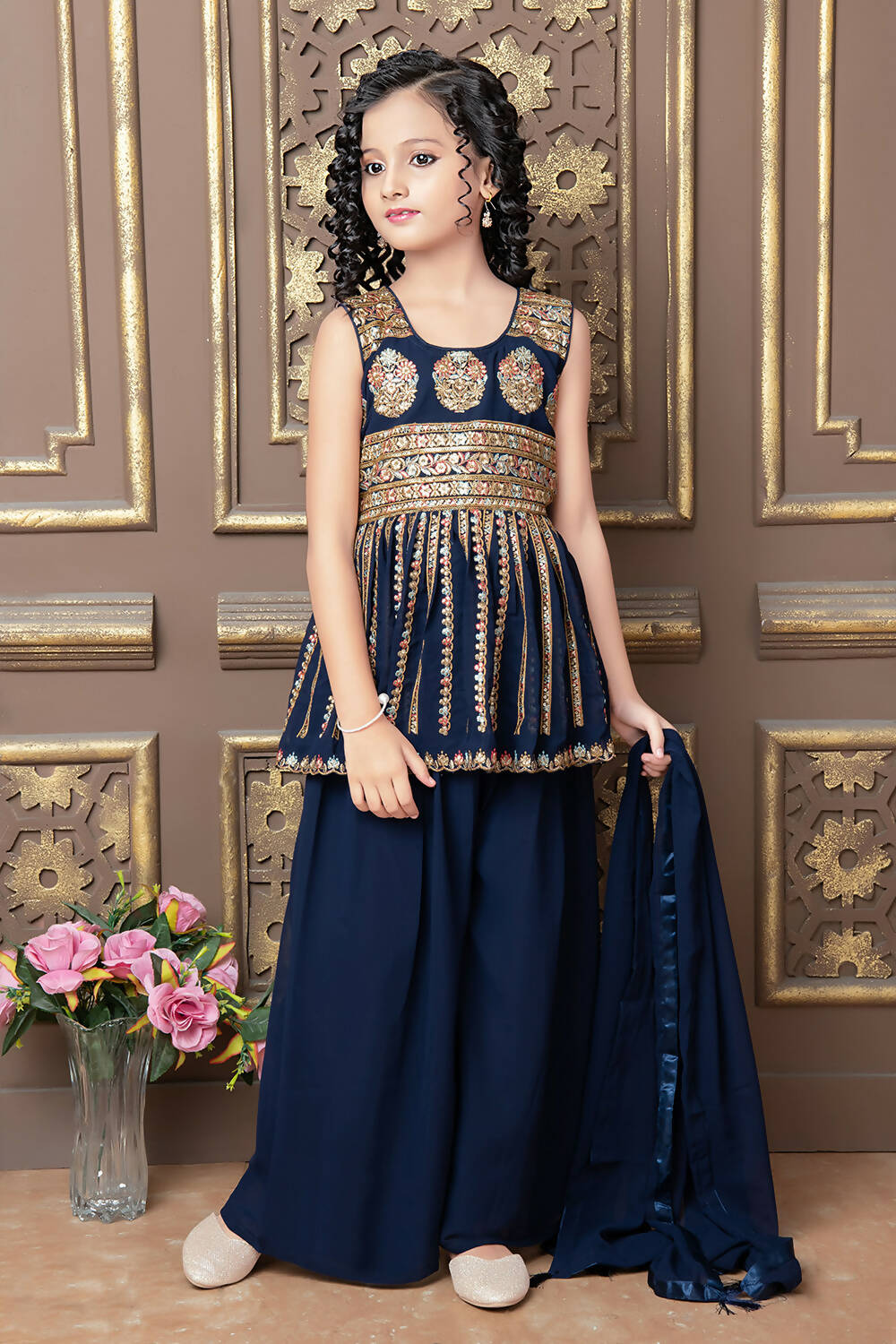 Kids Wedding Designer Blue Faux Georgette Sharara Suit - Aaradhna | Grocsy
