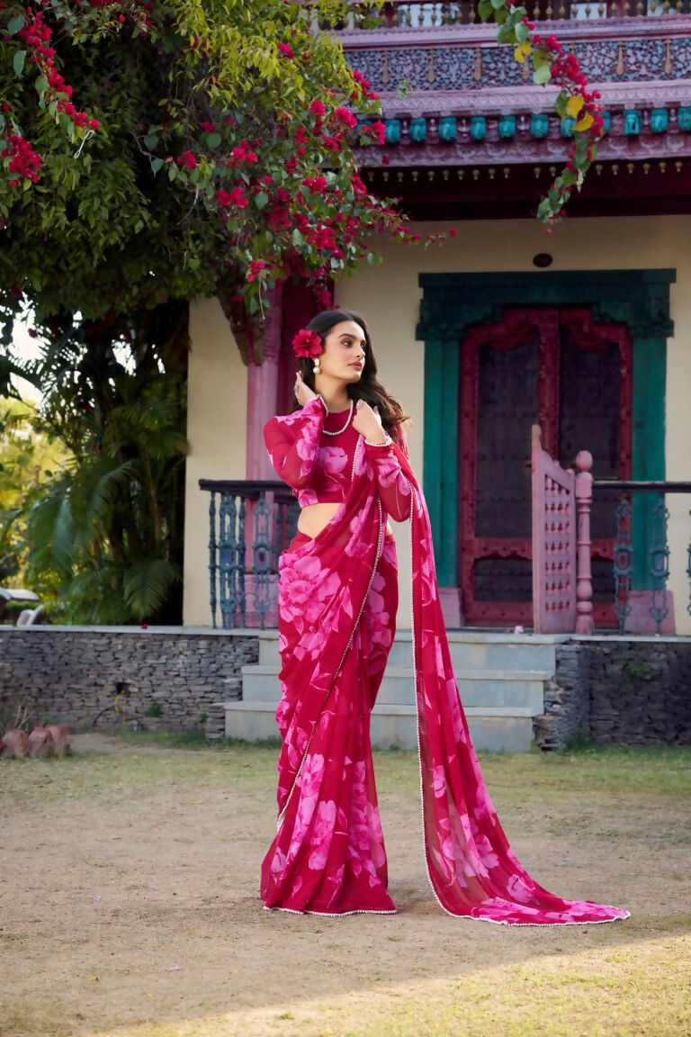 Vastranavya Pink Chiffon Floral Printed & Pearl Lace Border Saree with Unstitched Blouse | Grocsy