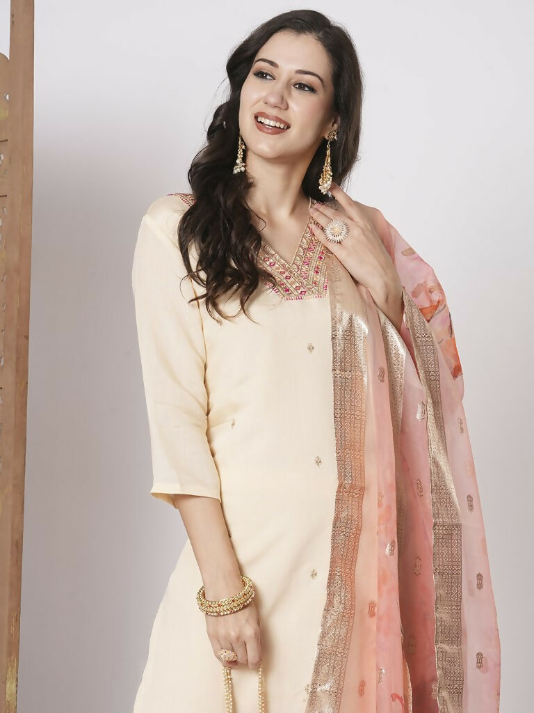 Peach PV Chanderi Embroidery Work,Printed Kurta Set - Riya | Grocsy