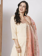 Peach PV Chanderi Embroidery Work,Printed Kurta Set - Riya | Grocsy
