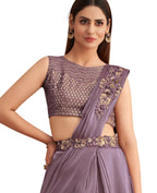 Purple Satin Embroidered Ready To Wear Saree With Unstitched Blouse Piece - Nandika | Grocsy