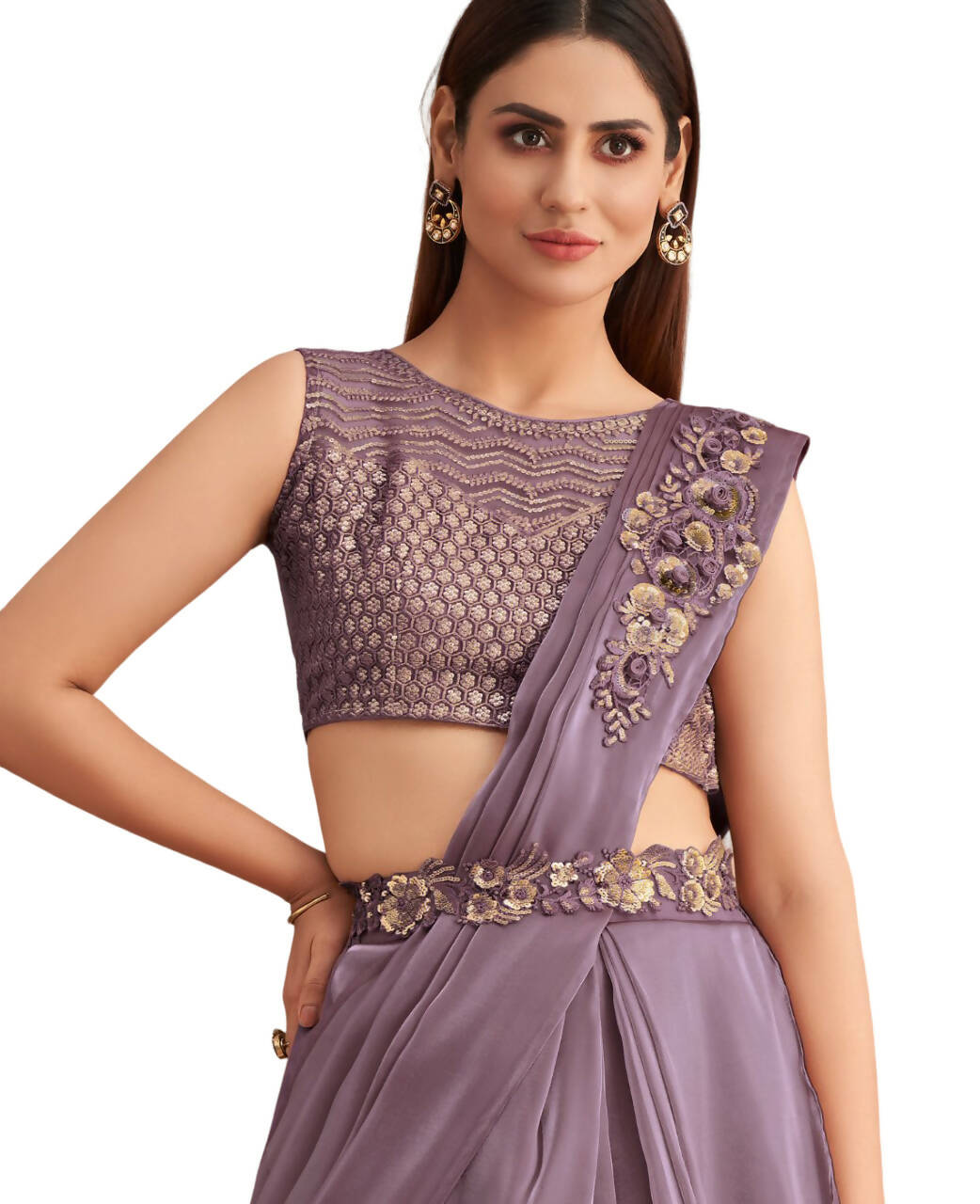 Purple Satin Embroidered Ready To Wear Saree With Unstitched Blouse Piece - Nandika | Grocsy