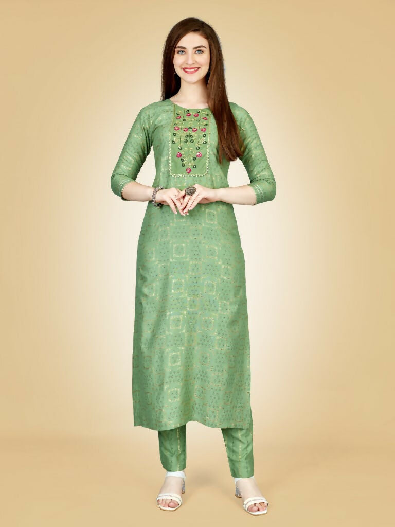 Jyoti Fashion Women's Sea Green Viscose Rayon Embroidered Kurta Pant Set | Grocsy