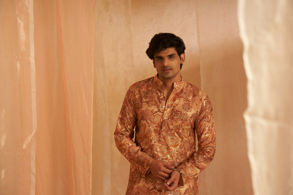 Brown Modal Silk Designer Printed Men's Kurta Set - Mahotsav | Grocsy