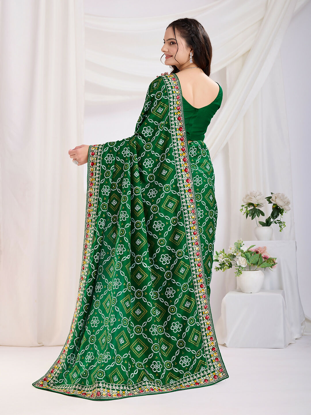 Green Vichitra Silk Bandhani Printed, Embroidery Work Saree - Ditya | Grocsy