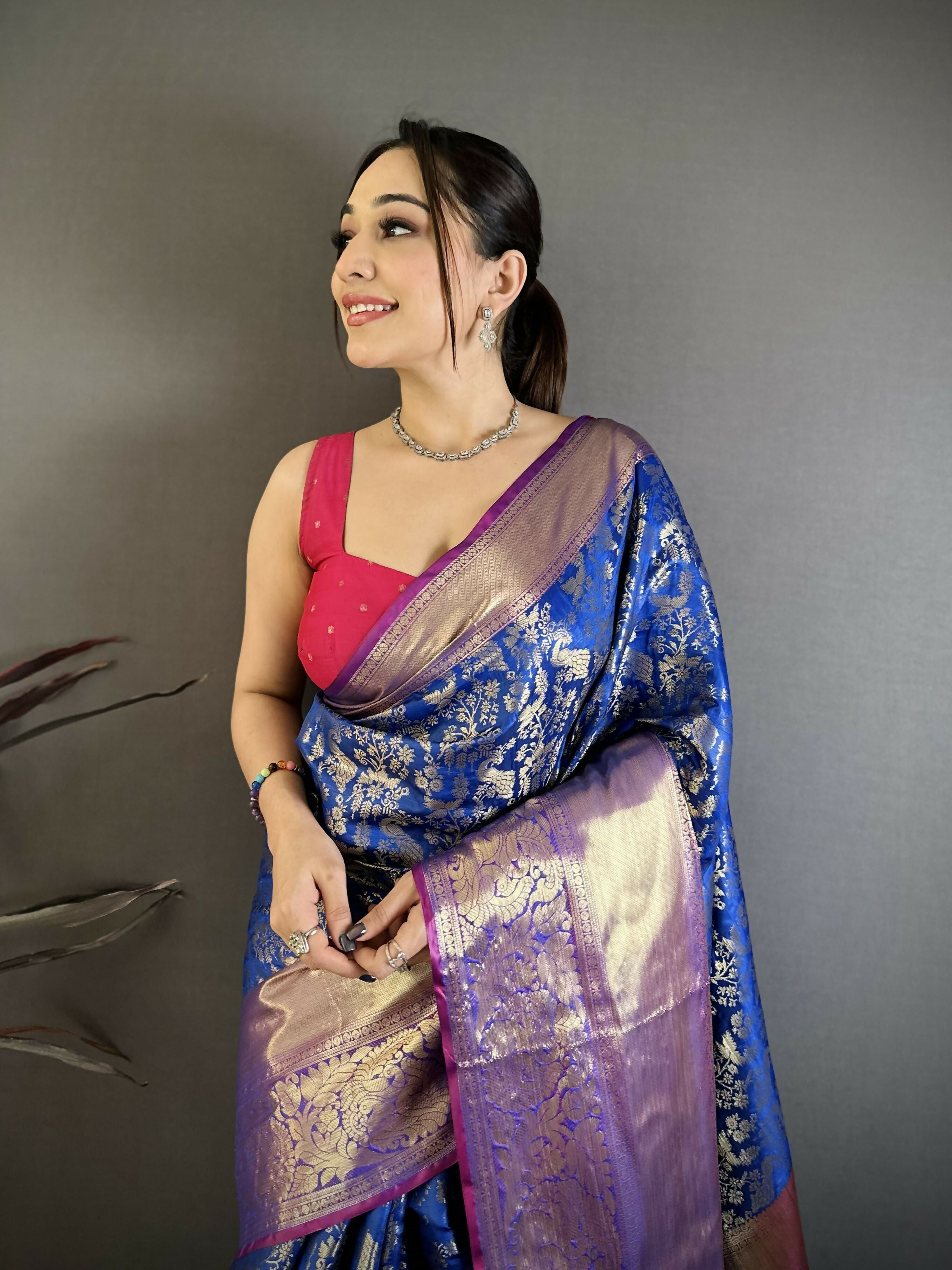 Prime Volt Pure Handloom Kanjivaram Katan Silk Saree with Antique Zari & Contrast Pallu-Royal Blue | Grocsy