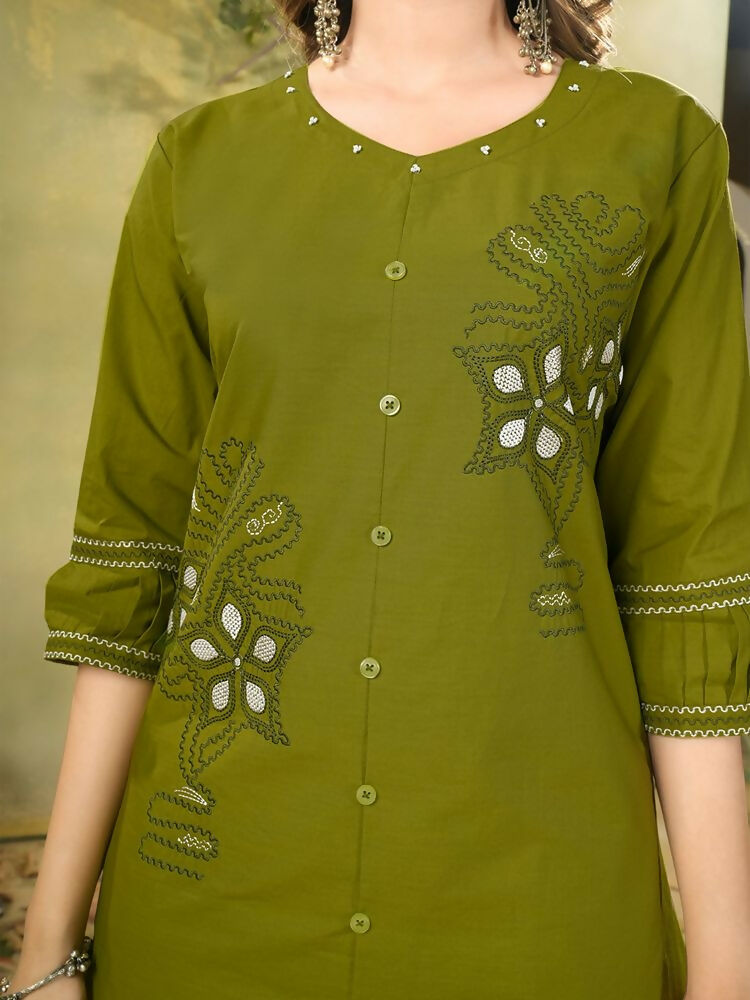 Teeya Creation Olive Green Embroidered Cotton Co-ord Set for Women | Grocsy