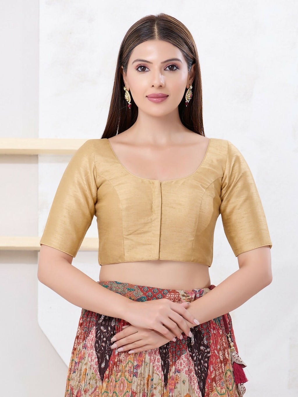 Joban Fashion Gold Dupion Silk Elbow Sleeveless Front Open Blouse | Grocsy