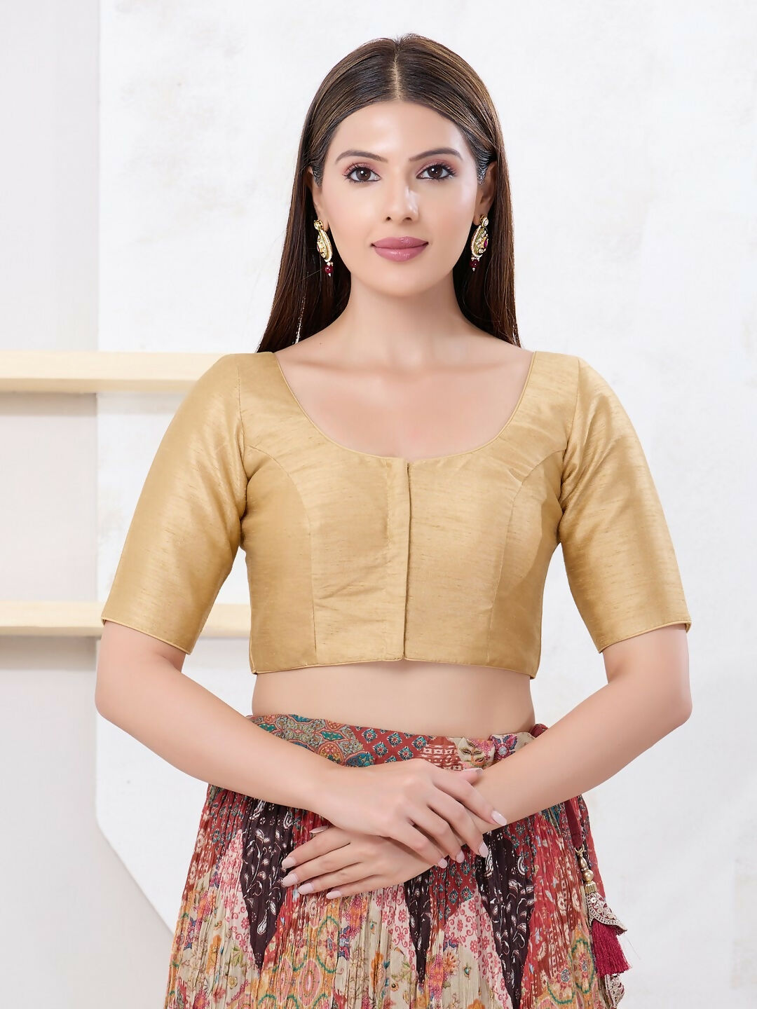 Joban Fashion Gold Dupion Silk Elbow Sleeveless Front Open Blouse | Grocsy