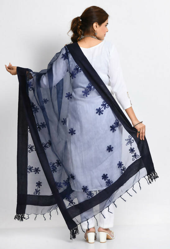 Mominos Fashion Moeza Women's Orgenza All Over Chikan Work Navy Blue Dupatta | Grocsy