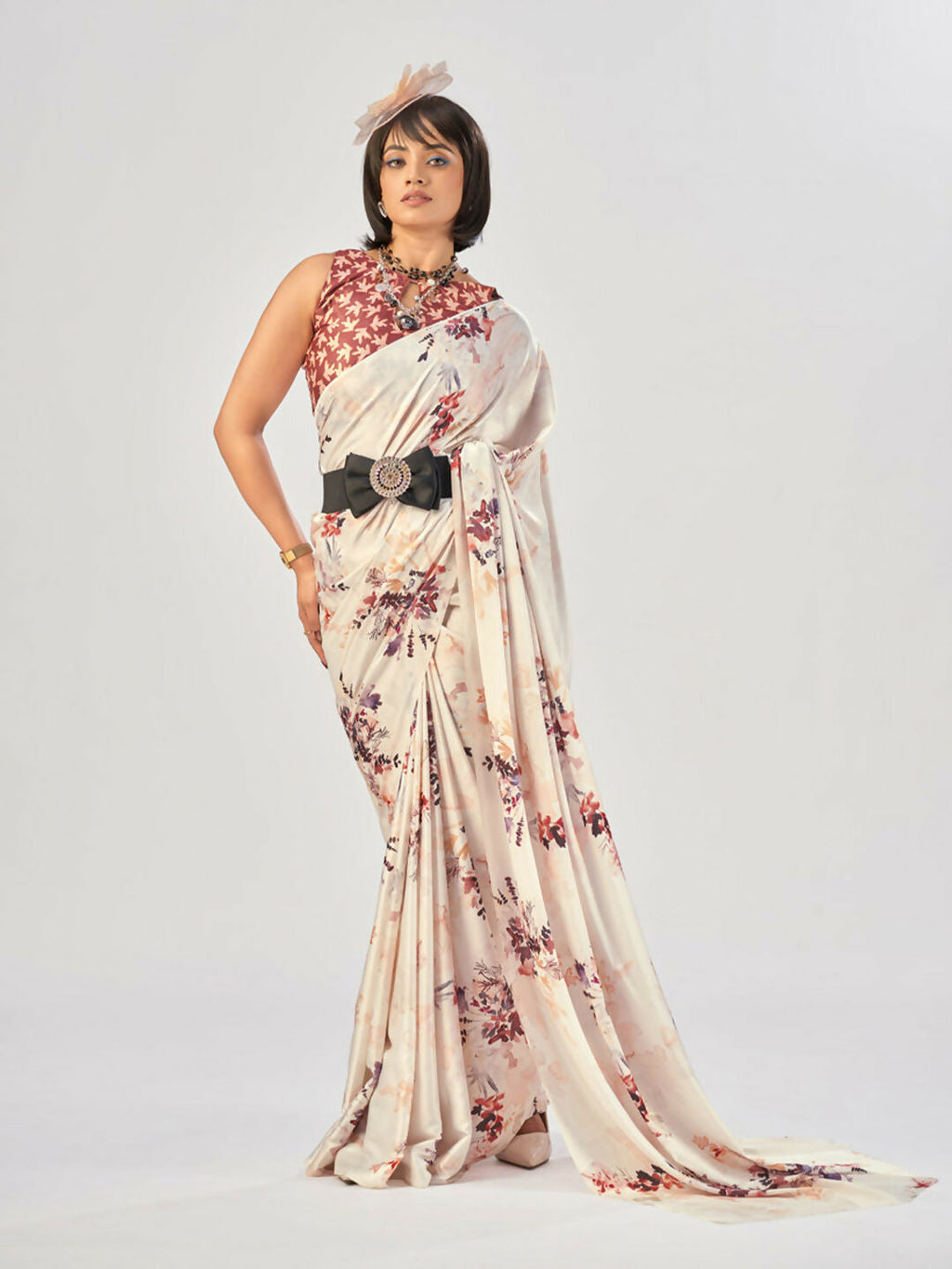 Vastranavya White Satin Silk Elegant Printed Saree with Unstitched Blouse | Grocsy