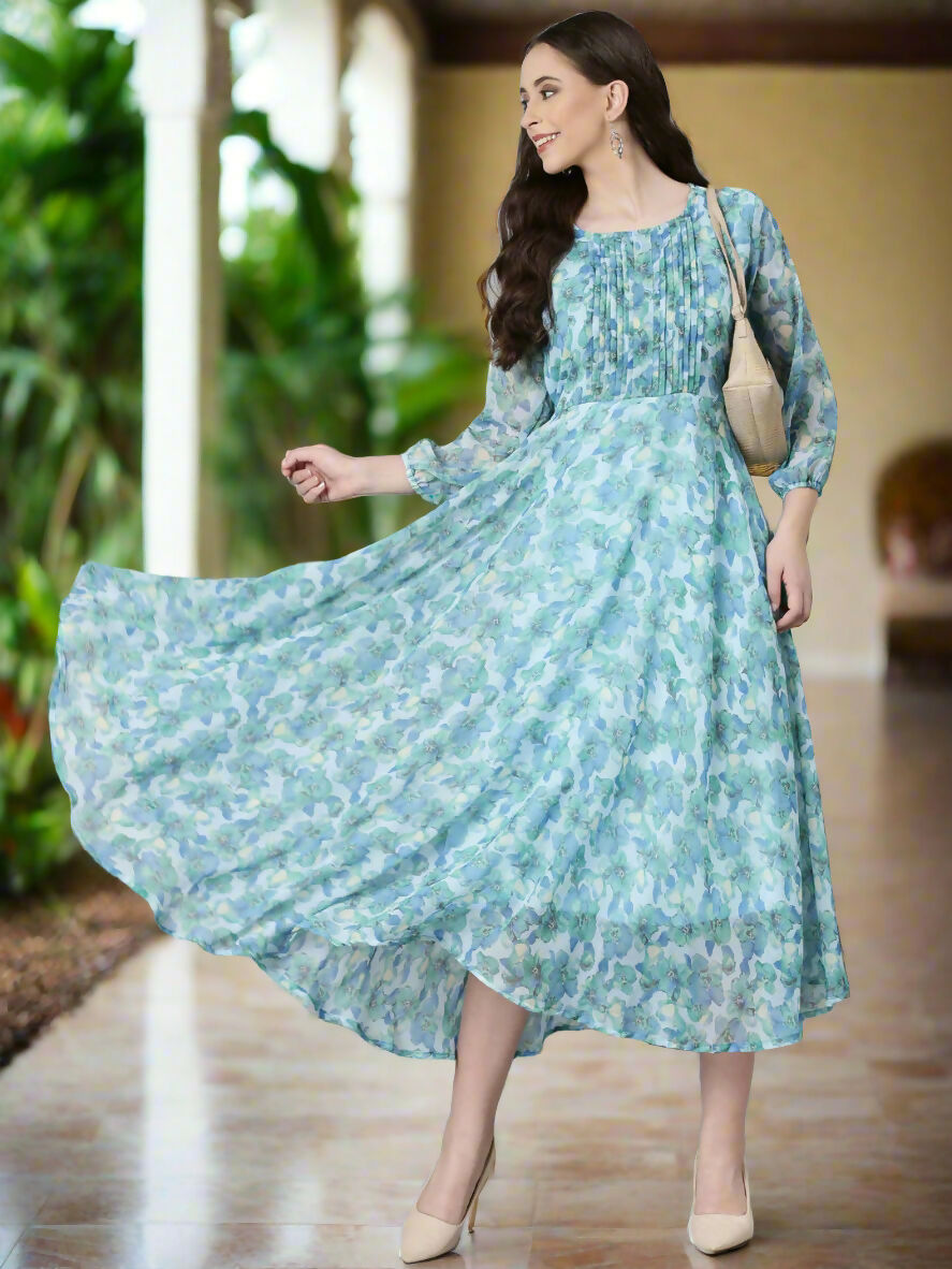 Souchii Blue Floral Chiffon Maxi Dress | Grocsy