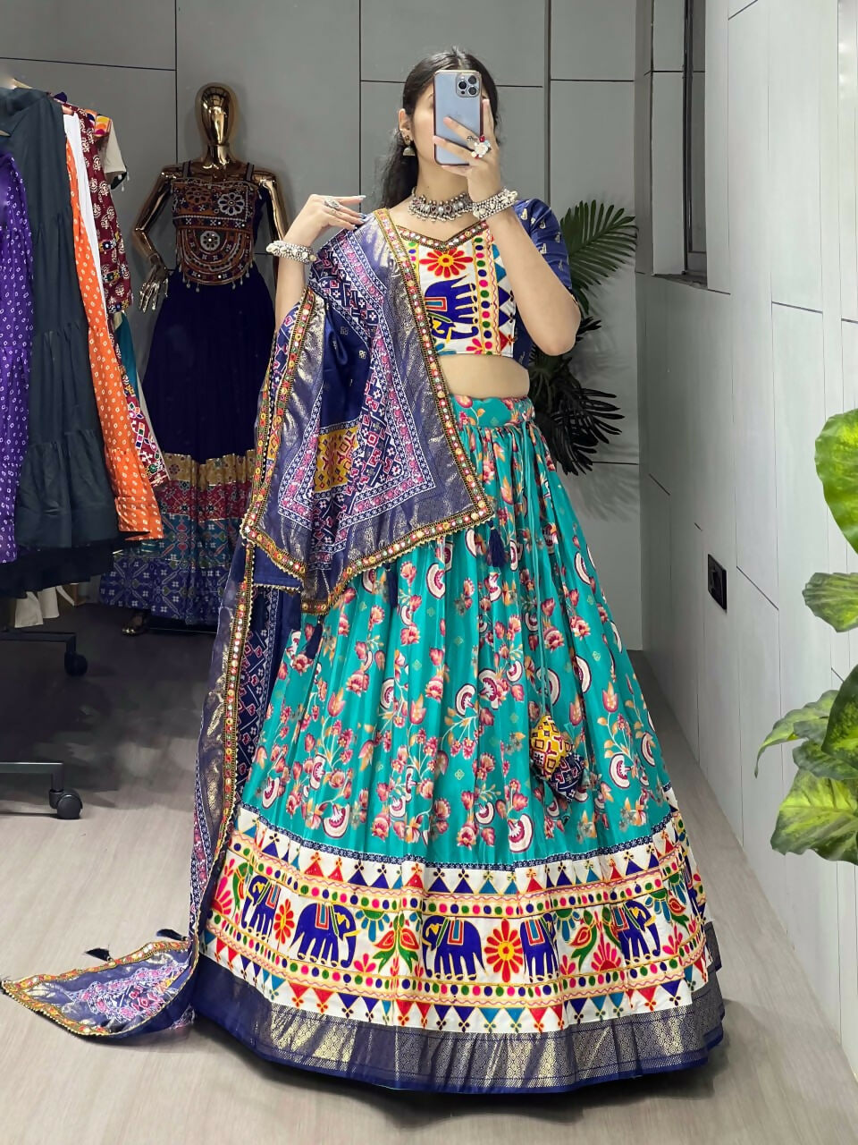 Yash Enterprise Firozi Silk Embroidery Semi Stitched Navratri Chaniya Choli | Grocsy