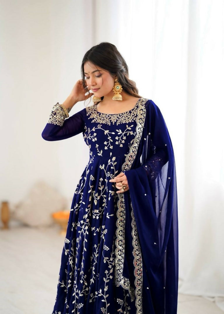 Teeya Creation Blue Color Heavy Faux Georgette Embroidery Work Gown | Grocsy