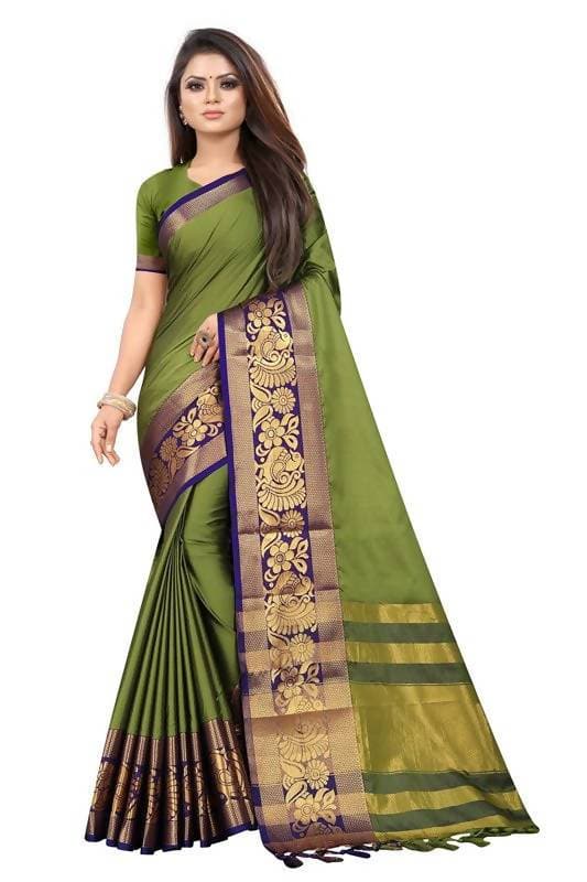 Vamika Banarasi Cotton Silk Weaving Green Saree (DOCTOR MOR GREEN) | Grocsy
