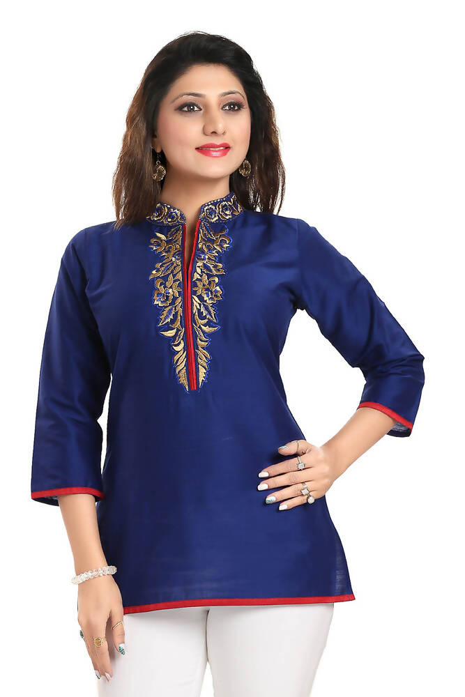 Snehal Creations Regal Affair Royal Blue Raw Silk Short Tunic | Grocsy