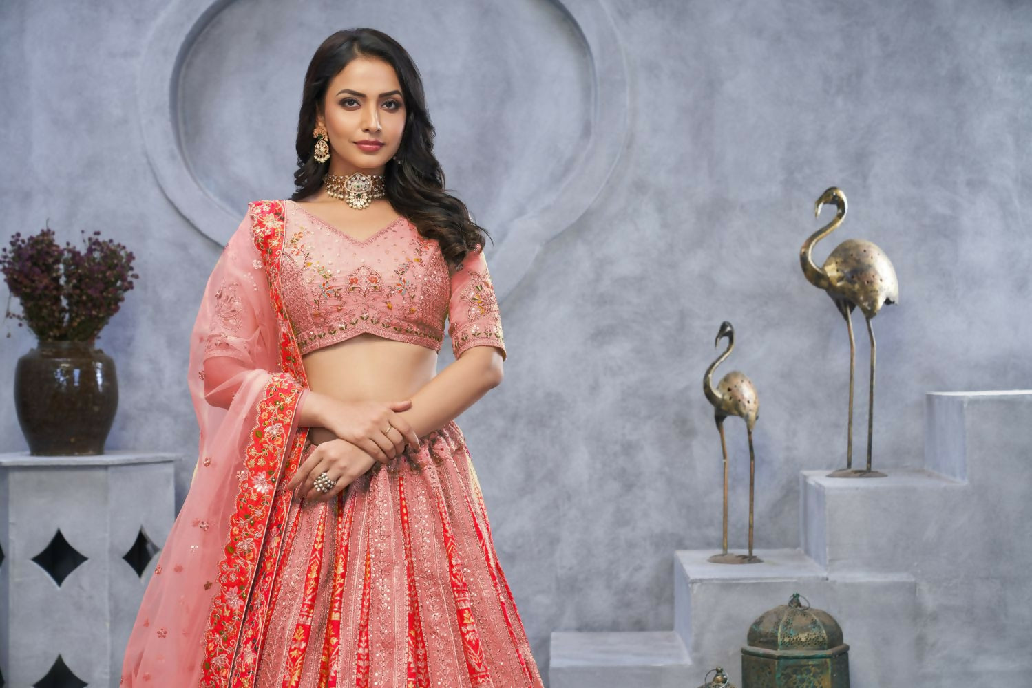 Kesar Fab Pink Organza Embroidered Lehenga | Grocsy