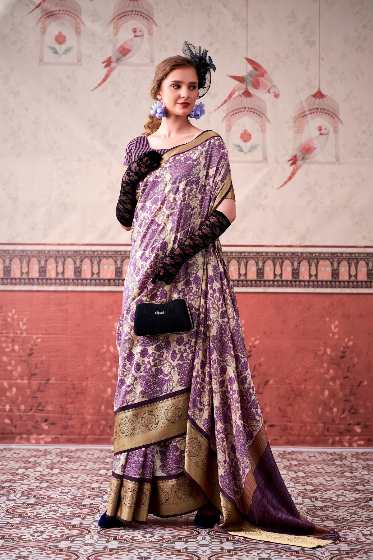 Vastranavya Lavender Tussar Silk Printed with Viscose Border Saree & Unstitched Blouse | Grocsy