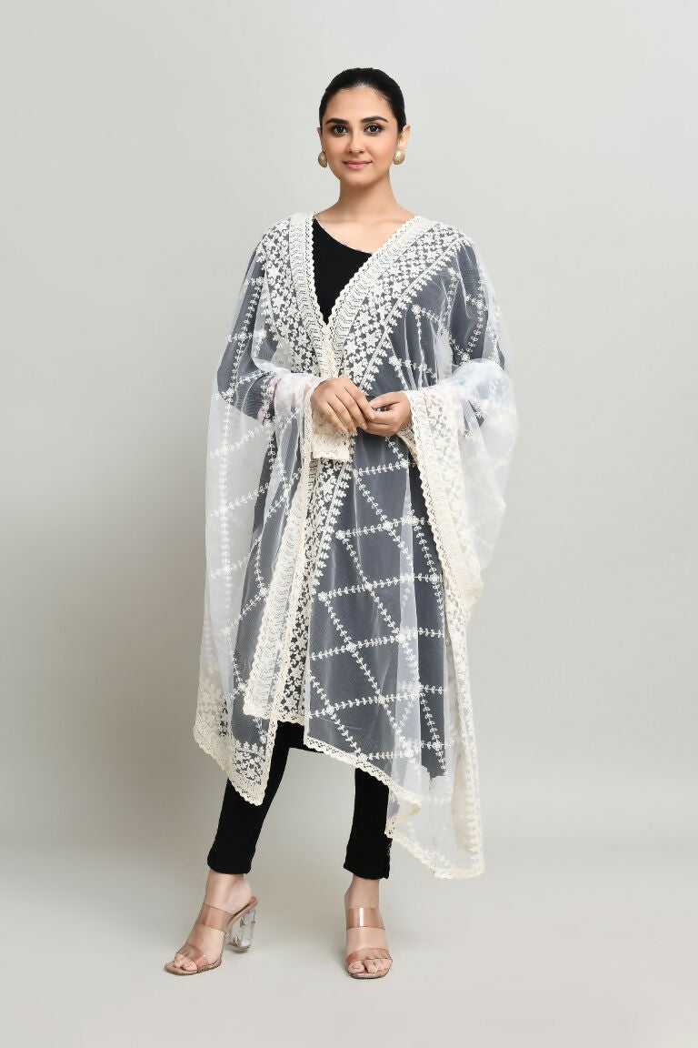Joban Fashion White Cotton Embroidery Work Pakistani Karanchi Dupatta | Grocsy
