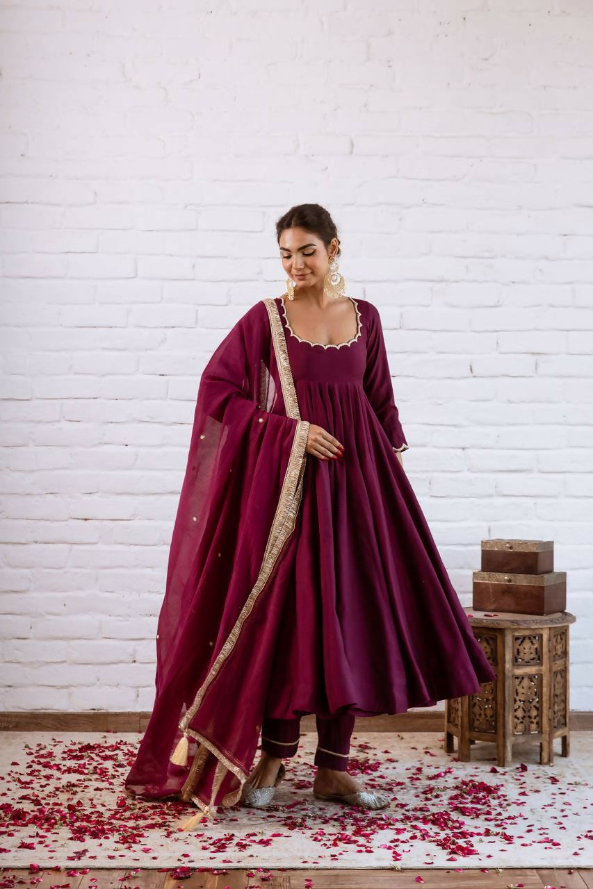 Teeya Creation Wine Solid Silk Blend Anarkali Suit With Pants And Dupatta | Grocsy
