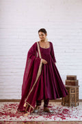 Teeya Creation Wine Solid Silk Blend Anarkali Suit With Pants And Dupatta | Grocsy