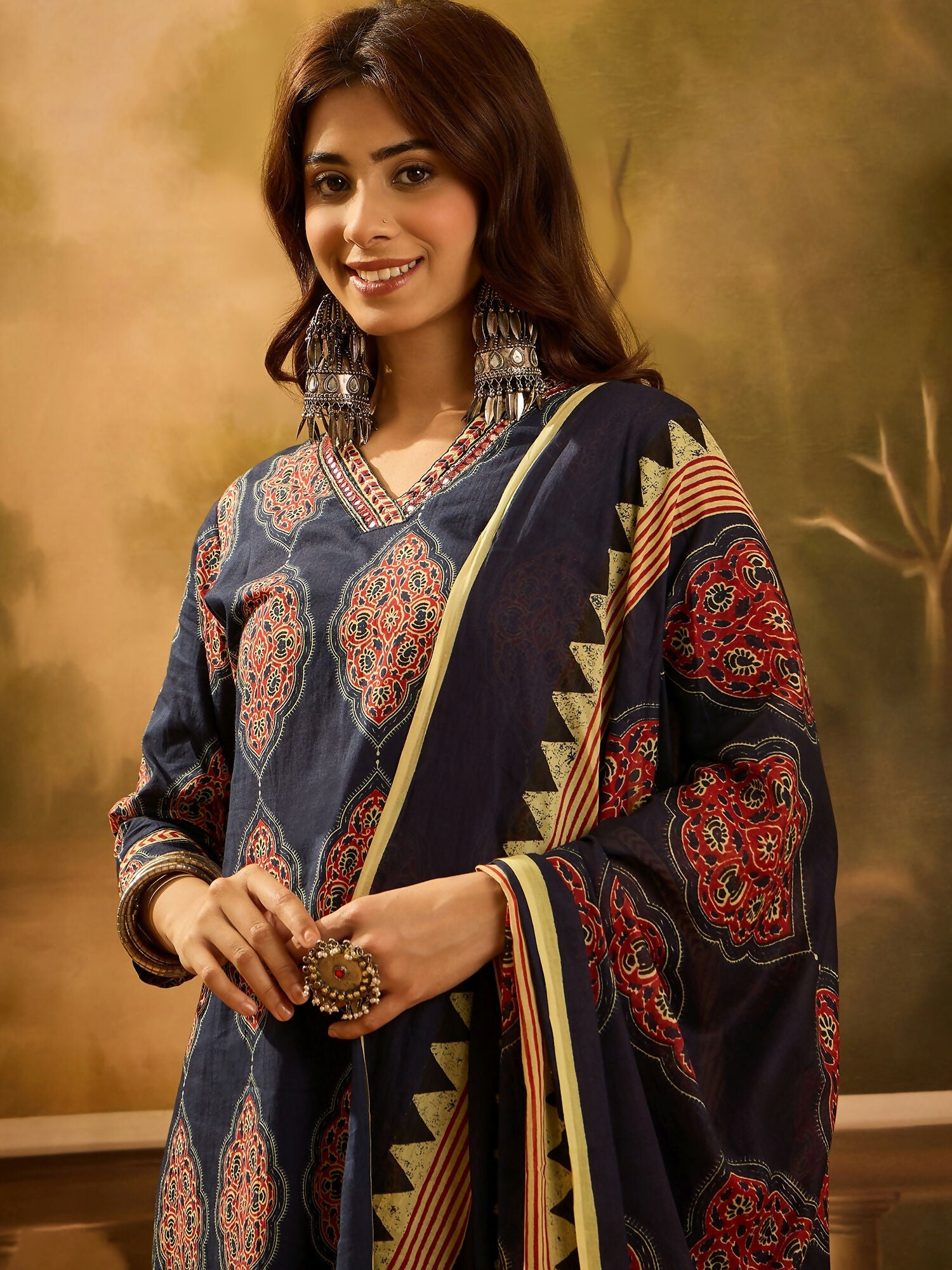 Joban Fashion Printed Navy Blue Pure Cotton Kurta Set | Grocsy