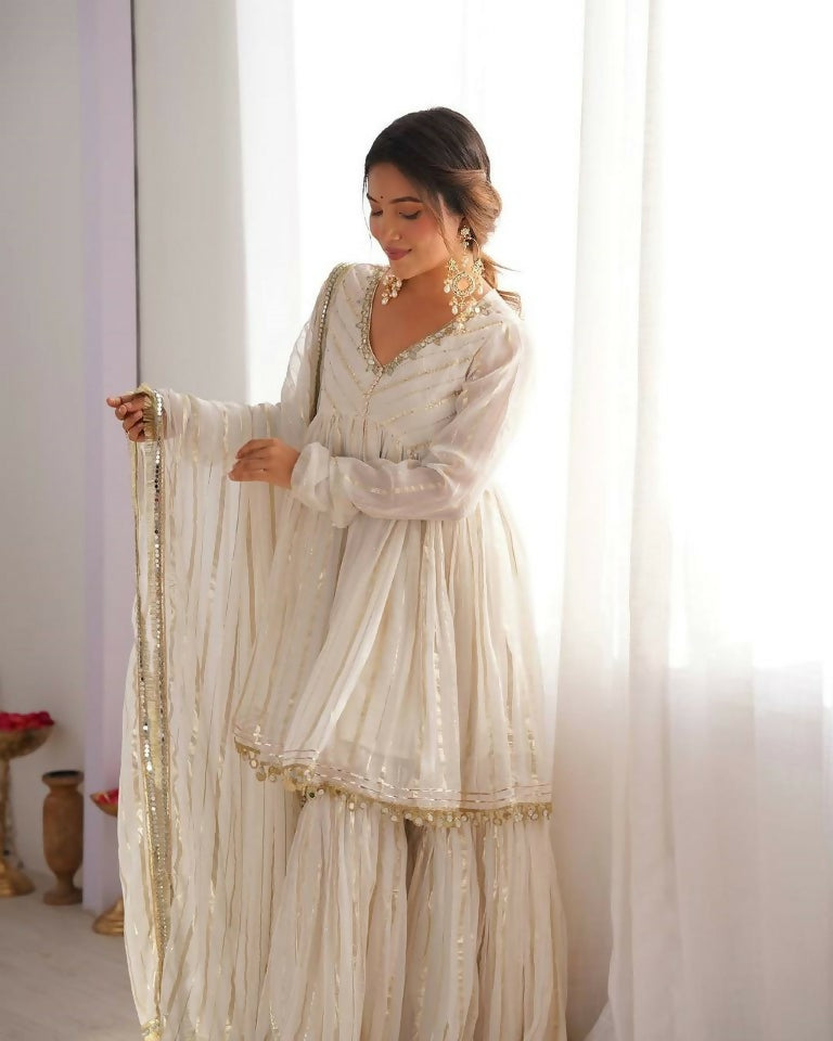 Teeya Creation White Color Mal Chanderi Silk Mirror Work And Hand Work Sharara set | Grocsy