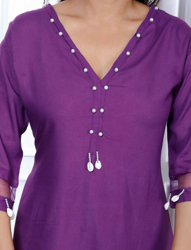 Miravan Women's Purple Solid Rayon Straight Co-Ord Set | Grocsy