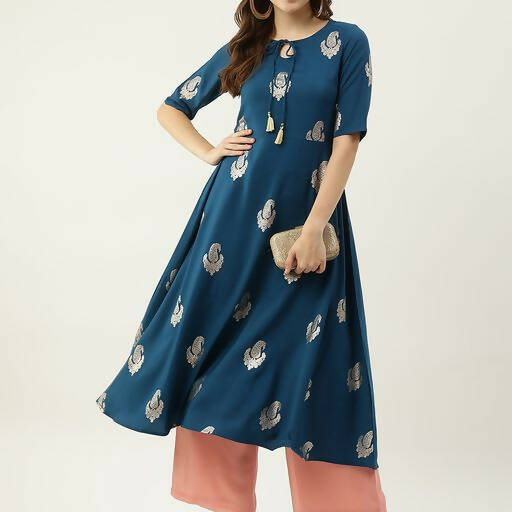 FIORRA Women's Blue Poly Crepe Flared Kurta | Grocsy