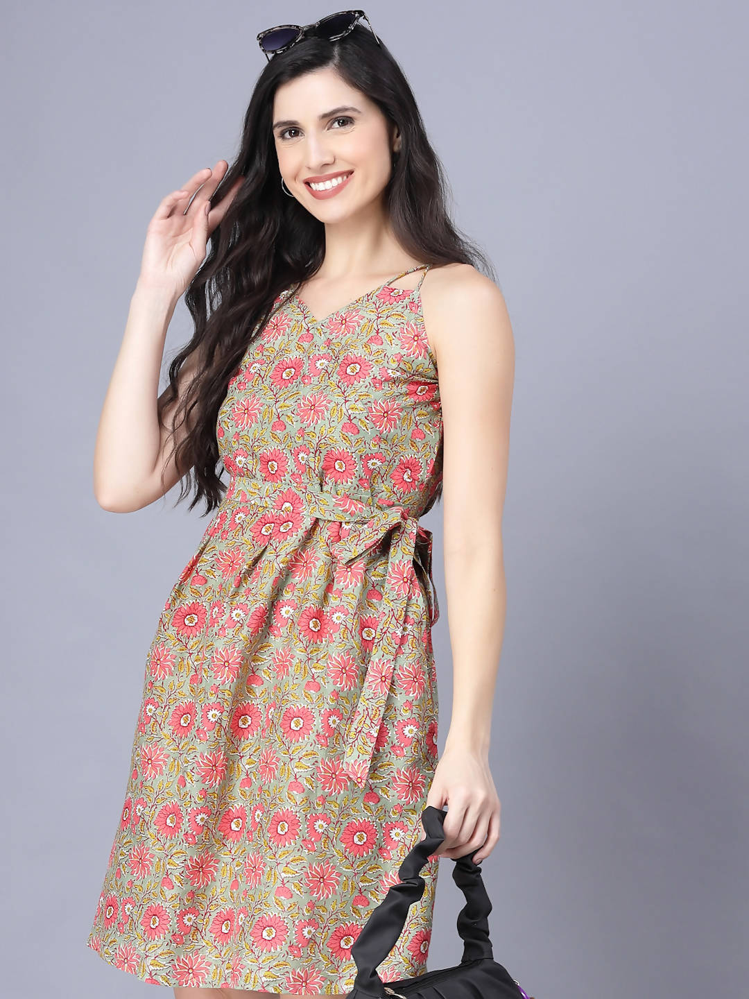 Myshka Cotton Printed Sleeveless Shoulder Straps Multicolor Women Dress | Grocsy