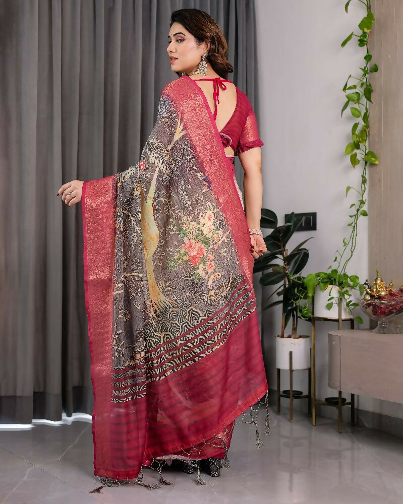 PR Fashion Wine Pure Handloom Linen Saree | Grocsy