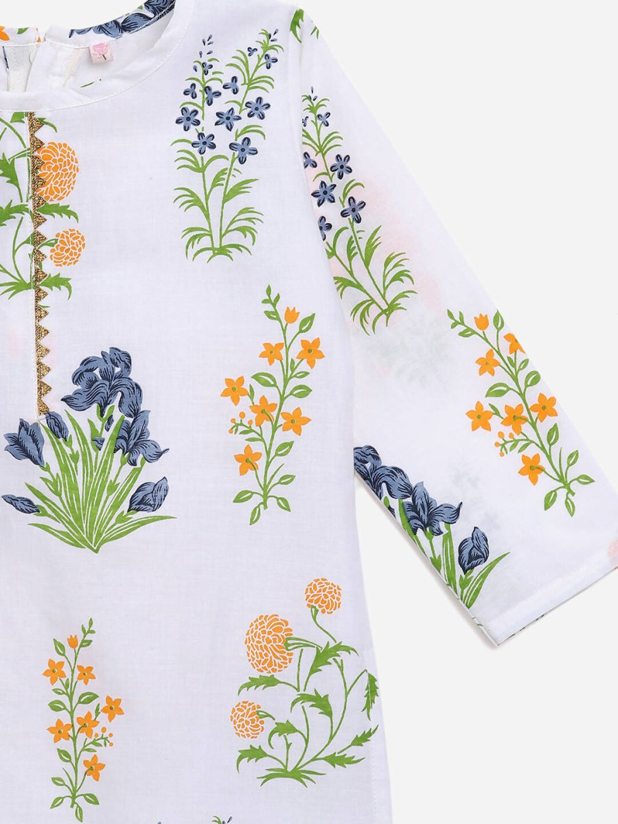 Ahalyaa White Cotton Straight Floral Printed Kids Kurta Pant Sets With Dupatta For Girls | Grocsy