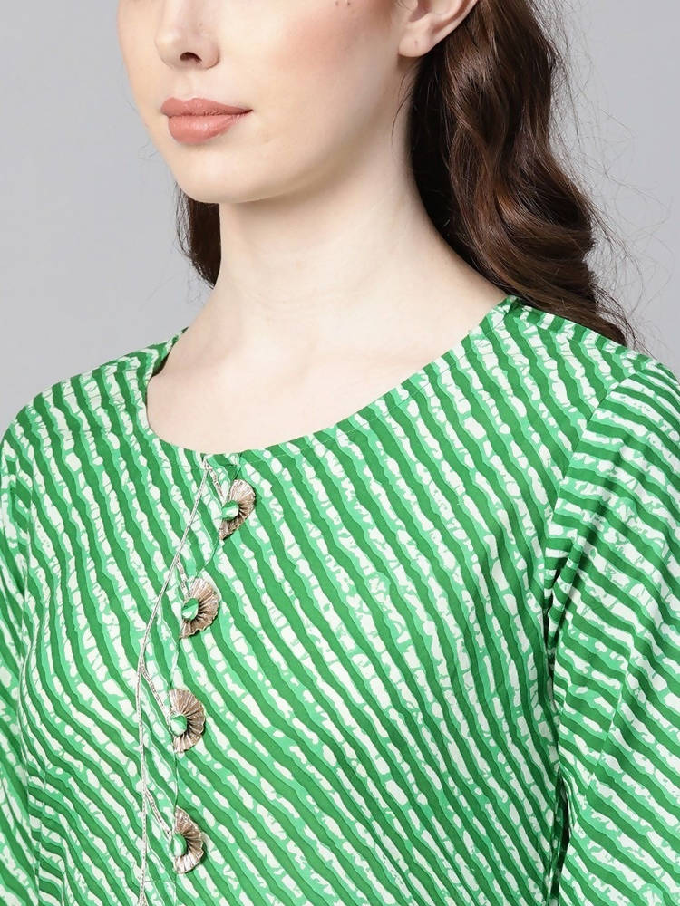 Yufta Women Green & Off-White Leheriya Dyed Straight Kurta | Grocsy