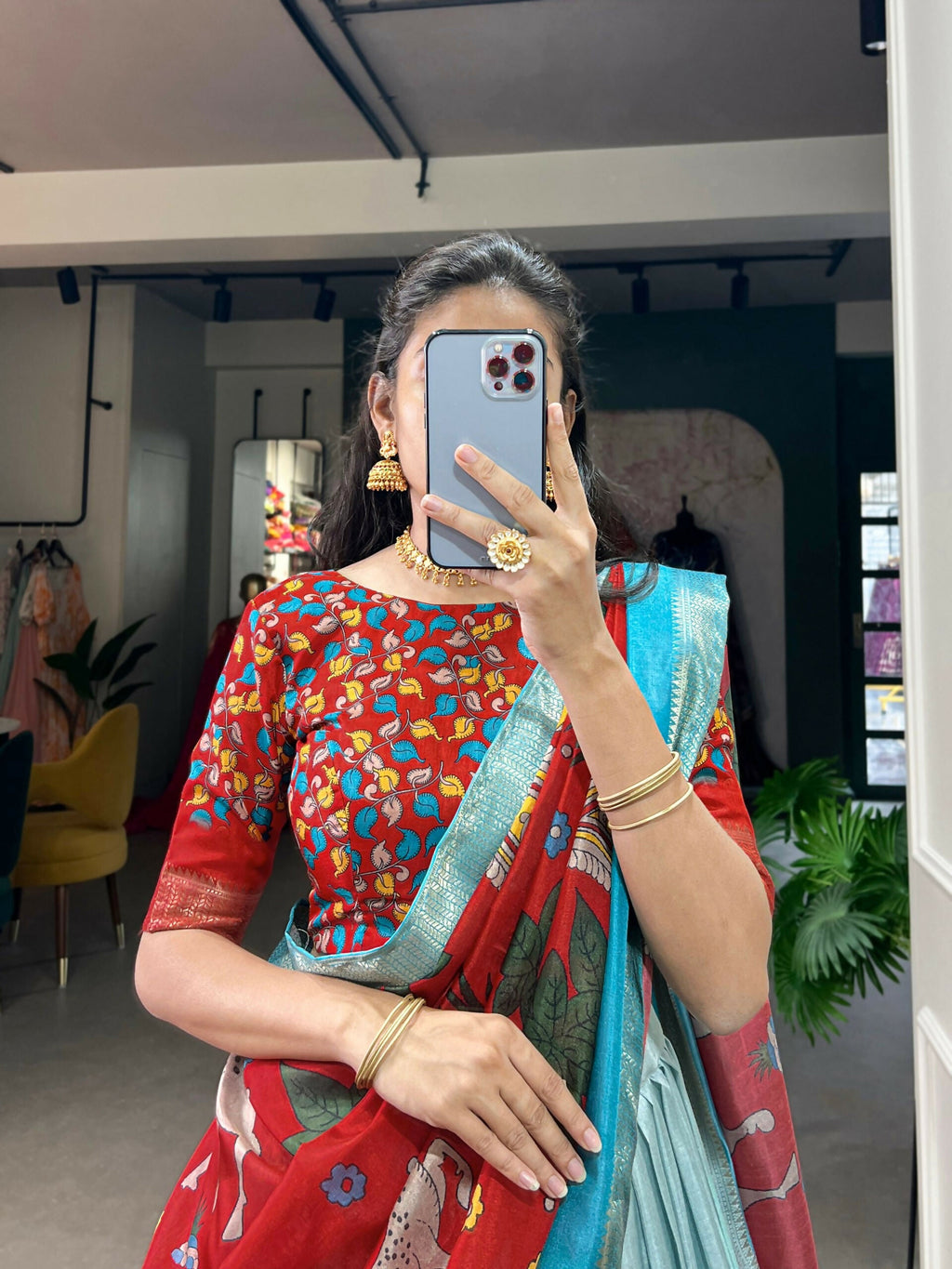 Vastranavya Kalamkari Print With Weaving Border Lehenga with Unstitched Blouse - Sky Blue | Grocsy
