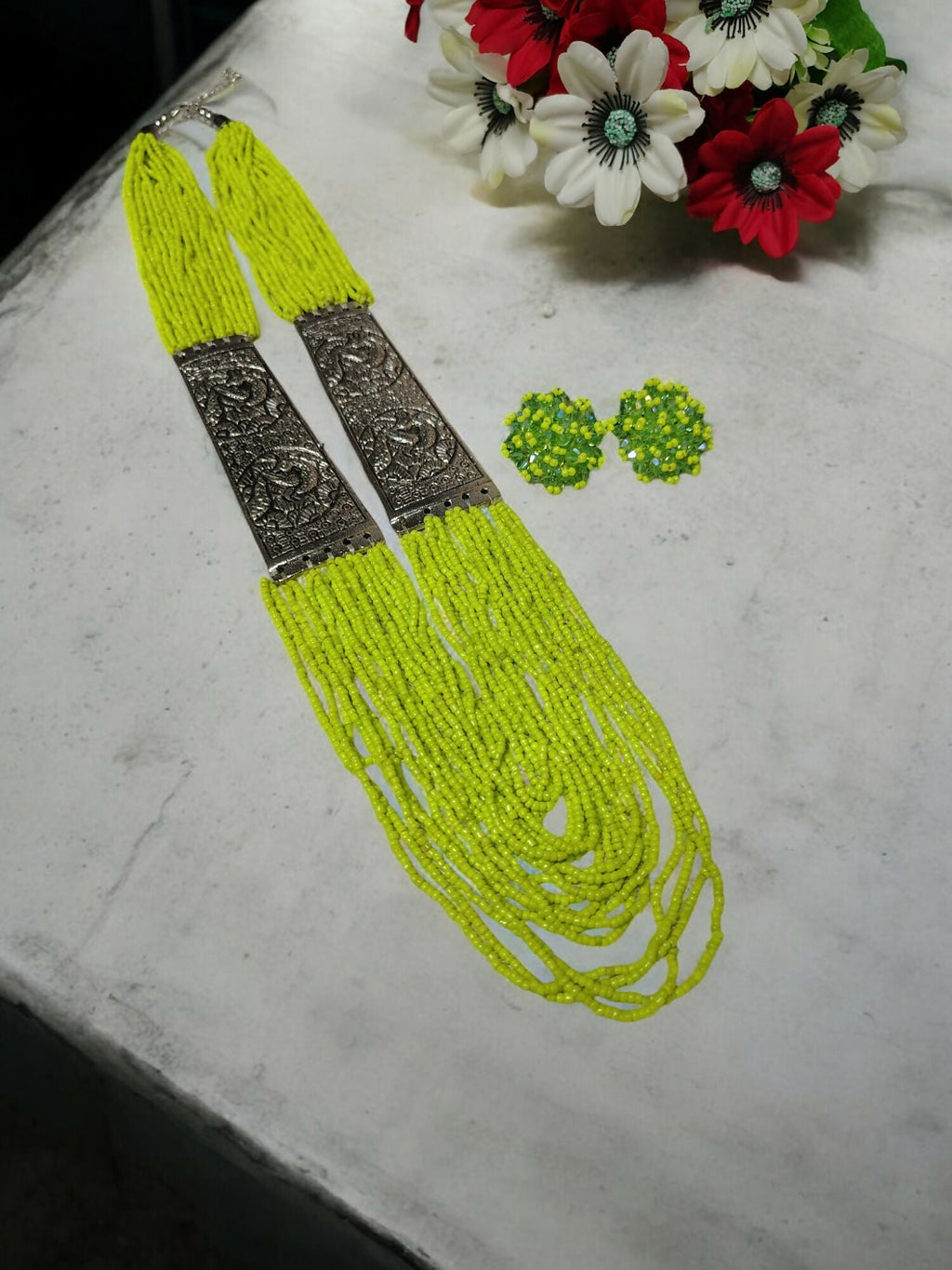 Inhanns Saree Shobha Statement Necklace & Earring Set - Neon Green Necklace With Earrings | Grocsy