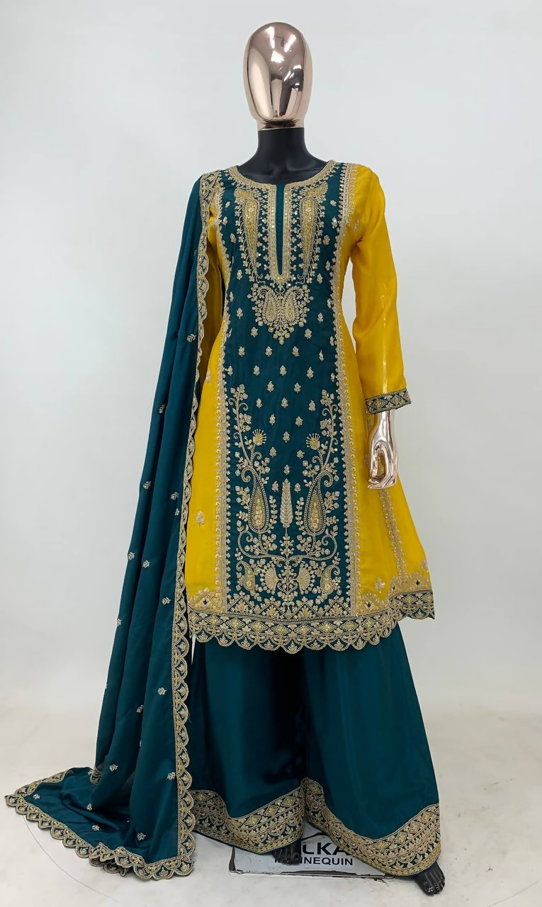 Lorenvalley Fashion Yellow and Rama Chinon Embroidery With Sequince Work Salwar Kameez Stitched | Grocsy
