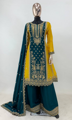 Lorenvalley Fashion Yellow and Rama Chinon Embroidery With Sequince Work Salwar Kameez Stitched | Grocsy