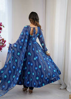 Teeya Creation Blue Faux Georgette Party Wear Digital Print Long Gown | Grocsy