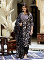 Miravan Women's Black Floral Printed Kurta Palazzo With Dupatta Set | Grocsy