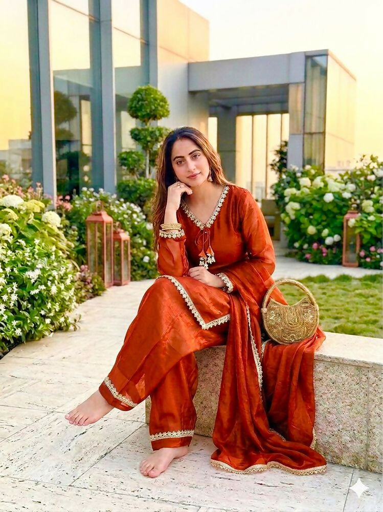 Teeya Creation New Trendy Elegant Orange Chanderi Silk Kurta Set with Delicate Lace Detailing and Matching Dupatta | Grocsy