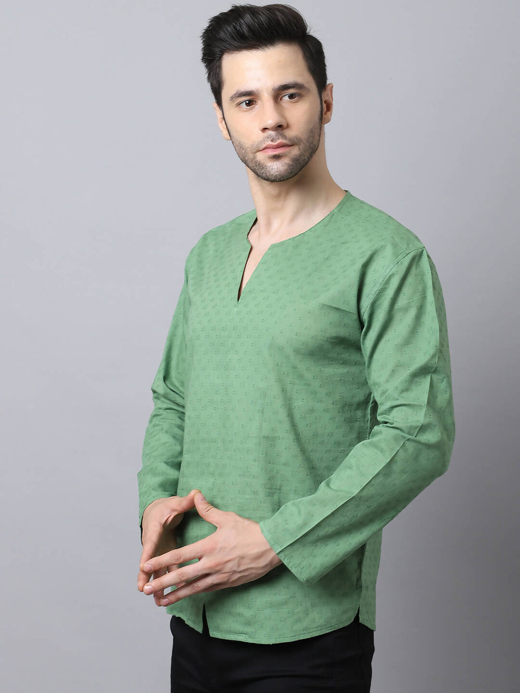 Even Apparels Green Pure Cotton Round Neck Slit Men's Kurta | Grocsy