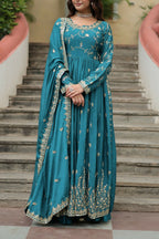 Joban Fashion Blue Chinon Sequence Embroidery Work Kurta Set | Grocsy