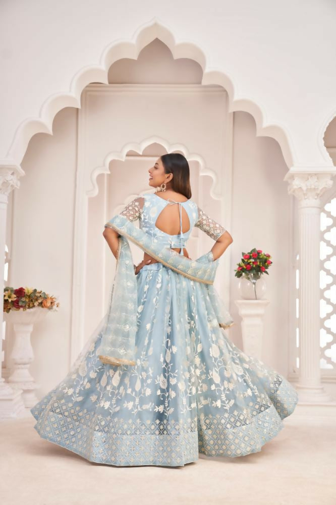 Aastha Fashion Light Sky Butterfly Net White Cotton Thread Work, Zari Work And Sandwich Sequence Work Embroidery Wedding Wear Lehenga Choli | Grocsy