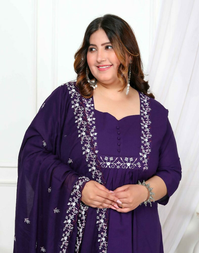 Miravan Womens Plus Size Purple Embroidered Kurta With Palazzo And Dupatta Set | Grocsy