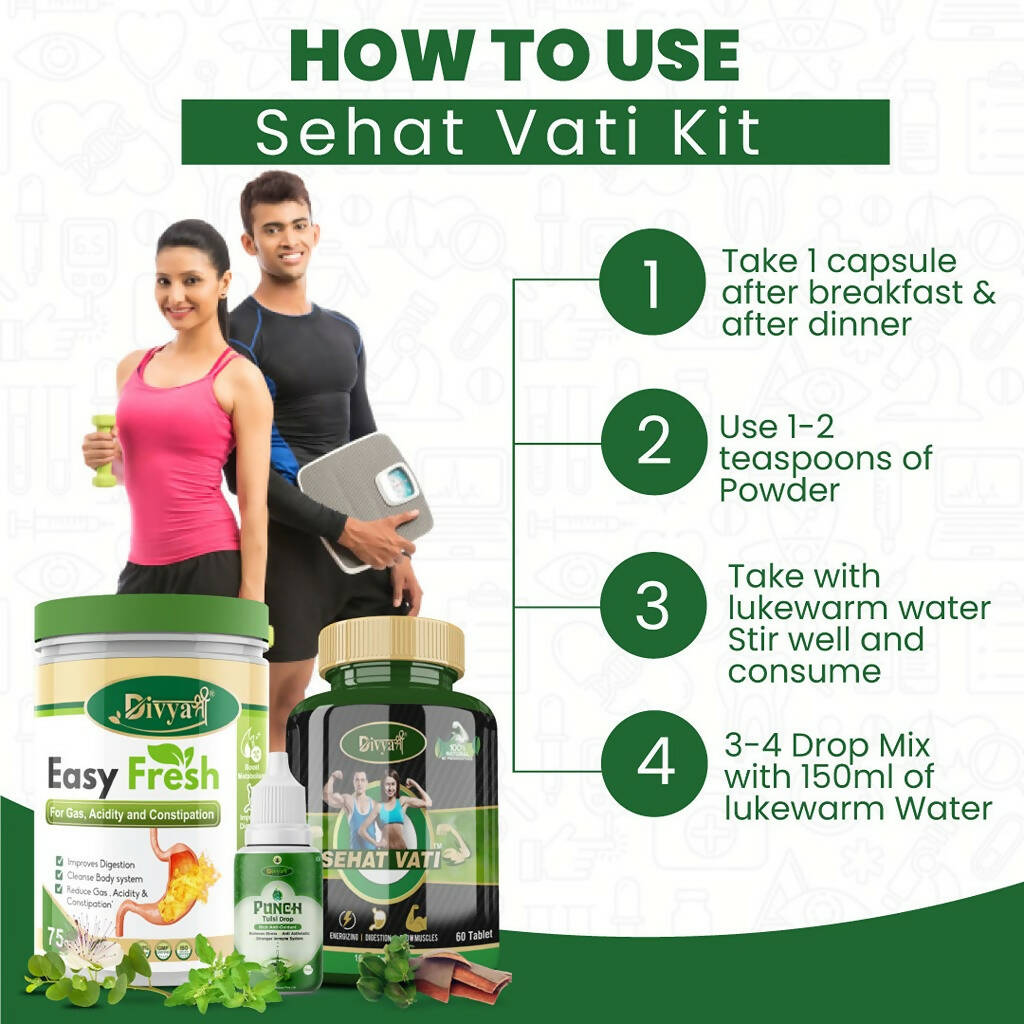 Divya Shree Sehat Vati Capsule, Easy Fresh Powder & Punch Tulsi Drop Combo | Grocsy