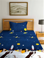 Home Sizzler Blue & Yellow Cartoon Characters 144 TC Bedsheet with Pillow Covers | Grocsy