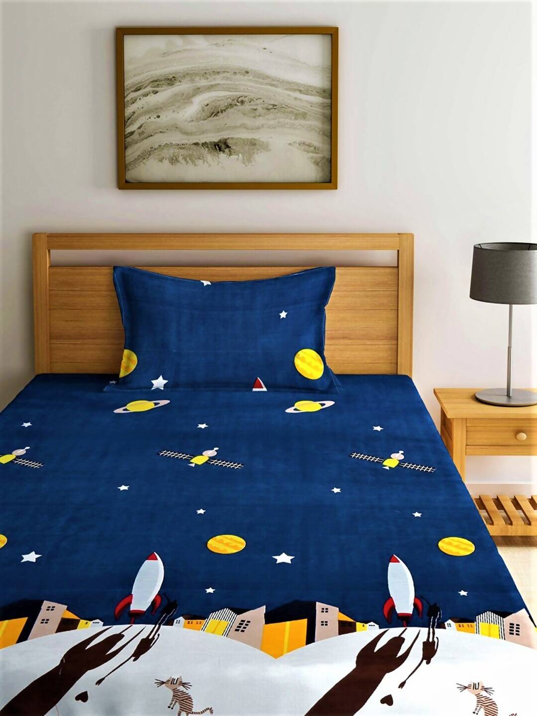 Home Sizzler Blue & Yellow Cartoon Characters 144 TC Bedsheet with Pillow Covers | Grocsy