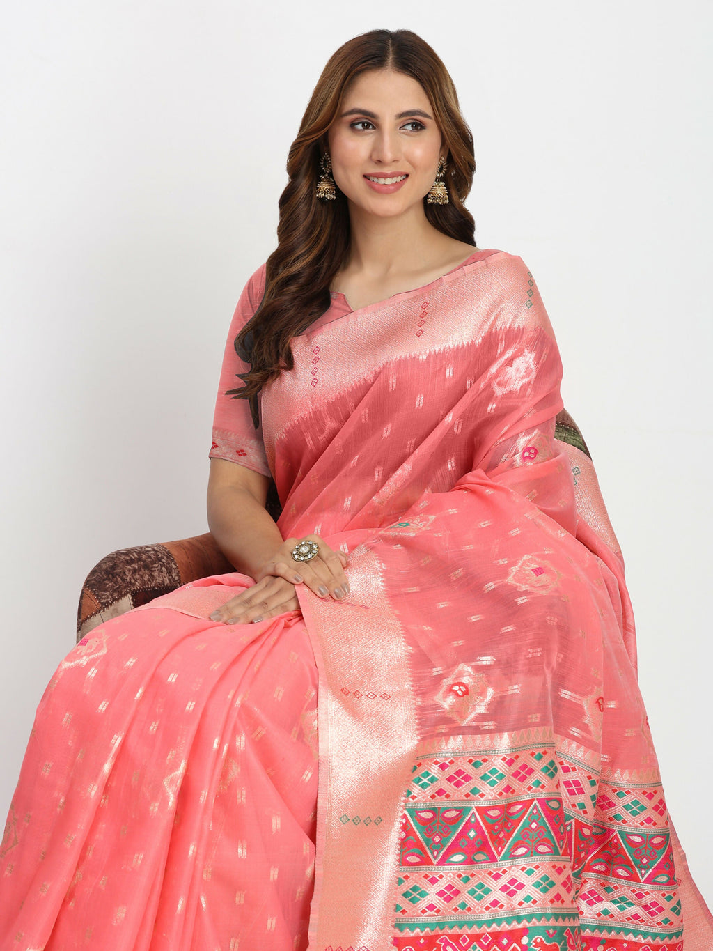 Shree Shyam Fashion Linen Cotton Peach Saree | Grocsy